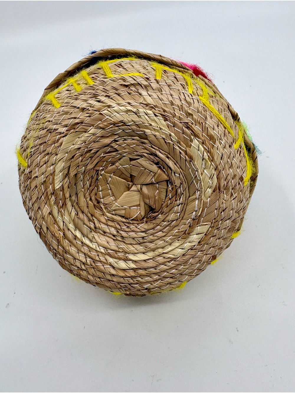 MEXICAN Handwoven Straw Basket with Colorful Yarn and Floral Top, 5” x 5” - Picture 3 of 5